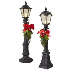 19.25" Lighted Black Lamppost With Greenery Set Of 2 Assorted - Battery Operated