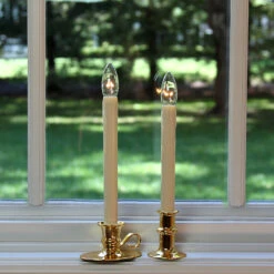 Traditional Flameless Window Candle Bright Dual Sided Bulb - Brass Finish - Timer 10 Traditional Flameless Window Candle Bright Dual Sided Bulb - Brass Finish - Timer -Solar Christmas Holiday Shop 2 styles brass cordless candles 1