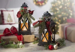Set Of 2 Battery Operated Lighted Christmas Metal Holiday Lanterns With Floral Accents And Timer