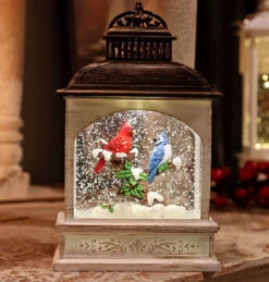 8.25 Inch Lighted Cardinal With Blue Jay Water Lantern In Swirling Glitter