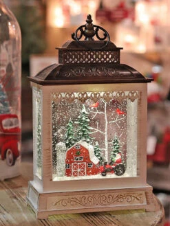 11 Inch Red Barn In The Woods Lighted Water Lantern - Optional Music Setting
