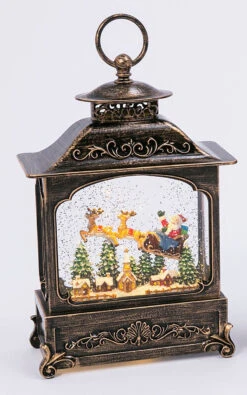 11 Inch Decorative Bronze Water Lantern With Flying Santa In Swirling Glitter -Solar Christmas Holiday Shop 2499030 santa
