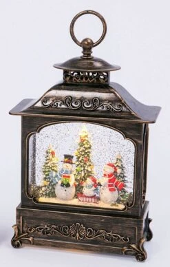 11 Inch Decorative Bronze Water Lantern With Snow Family Sledding In Swirling Glitter -Solar Christmas Holiday Shop 2499030 snowmen 446x700