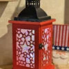 Red Battery Operated Lighted Wood & Metal Americana Hologram Lantern - 13 Inch -Solar Christmas Holiday Shop 2525030 red side