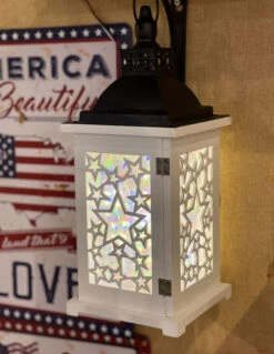White Battery Operated Lighted Wood & Metal Americana Hologram Lantern - 13 Inch