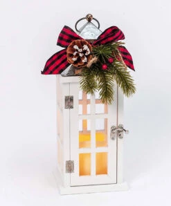 Windowpane Christmas Candle Lantern White Wood With Metal Top - Floral Accents 12.5 Inch -Solar Christmas Holiday Shop 2530160
