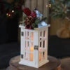 Windowpane Christmas Candle Lantern White Wood With Metal Top - Floral Accents 12.5 Inch