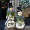 Set Of 2 White Resin Snowmen With Pine And Bows - -Solar Christmas Holiday Shop 2532260 white resin snowmen