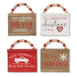 Wood Christmas Sign Ornaments With Beaded Hangers - Set Of 4 Assorted