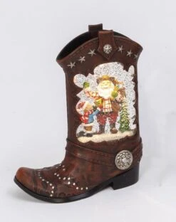 Lighted Cowboy Boot With Santa Water Lantern In Swirling Glitter