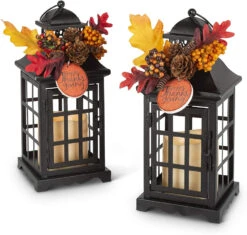 Set Of 2 Battery Operated Lighted Fall Metal Lanterns With Floral Accents And Timer -Solar Christmas Holiday Shop 2558240 main