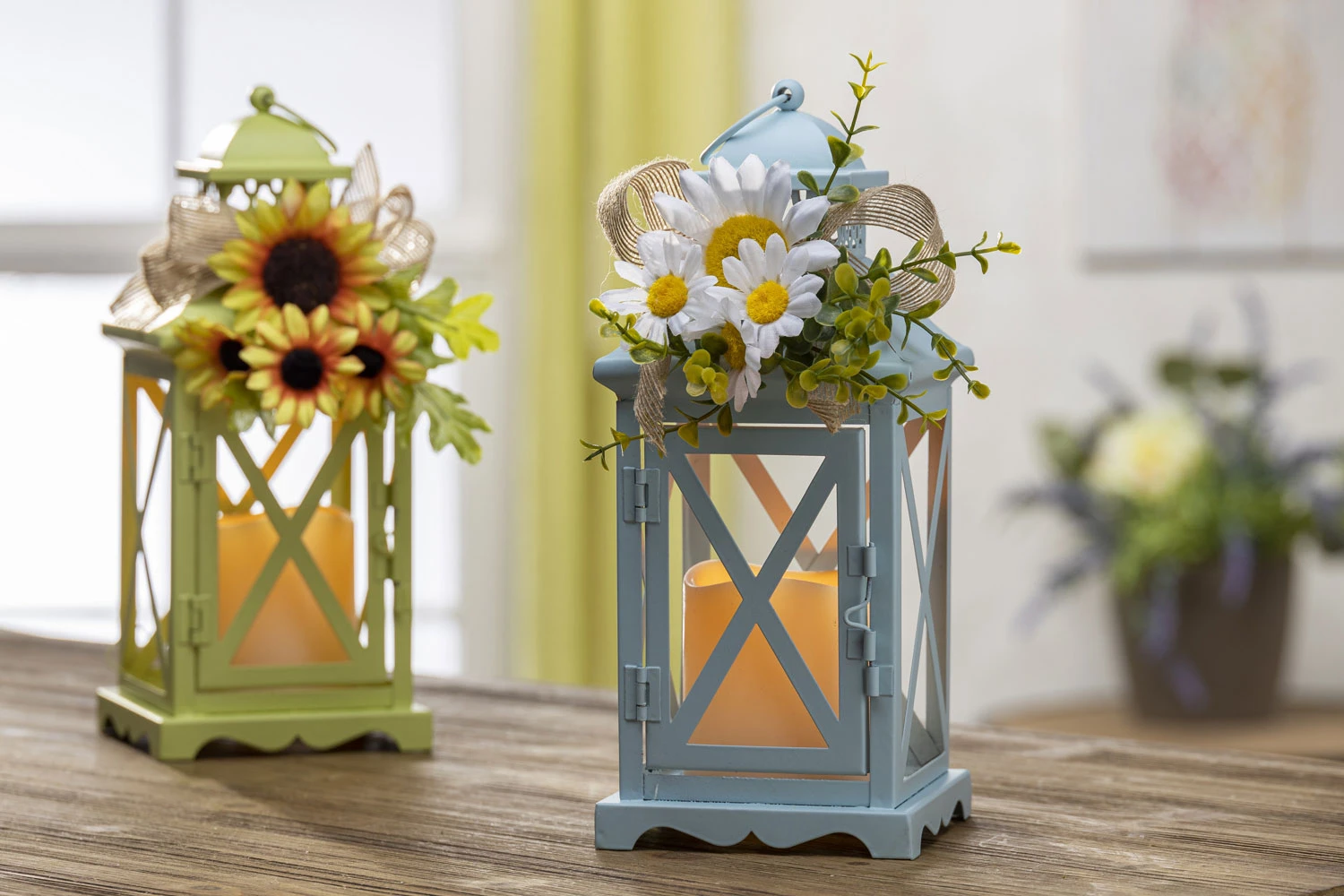 Set Of 2 Spring And Summer Metal Lanterns With Floral Accents -Timer 3 Set Of 2 Spring And Summer Metal Lanterns With Floral Accents -Timer