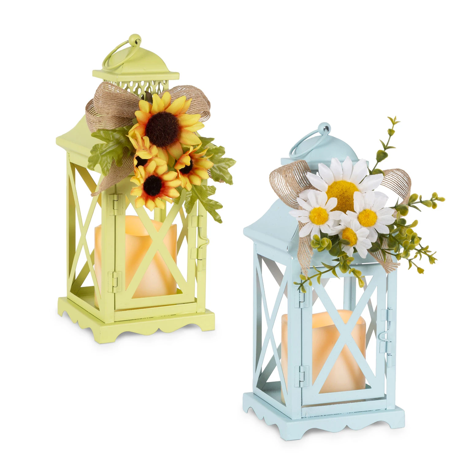 Set Of 2 Spring And Summer Metal Lanterns With Floral Accents -Timer 4 Set Of 2 Spring And Summer Metal Lanterns With Floral Accents -Timer - Image 2