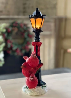 Battery Operated Lighted Resin Street Lamp With Cardinals - 14.5 Inch