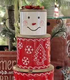 Set Of 3 Stacking & Nesting Metal Snowmen Canisters