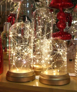 Glass Display Dome Cloche With 20 Suspended LED Fairy Lights 6.5 High -Solar Christmas Holiday Shop 3 sizes cloche with fairy lights