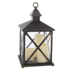 Black 3 LED Candle Lantern With Gold Brushing: 12.5 Inch With Timer