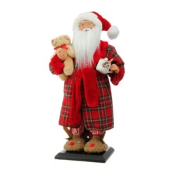 Tall 17.5 Inch Santa Figurine In Robe With Teddy And Hot Cocoa -Solar Christmas Holiday Shop 3615504