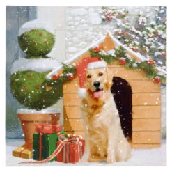 Twinkling LED Lighted Dog And Dog House Christmas Scene Print On Canvas - Raz 18 Inch