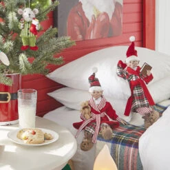 Set Of 2 Assorted 16 Inch Red And Plaid Ready For Bed Posable Elf Christmas Figures -Solar Christmas Holiday Shop 3902250 elfs in jammies