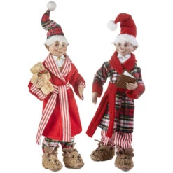 Set Of 2 Assorted 16 Inch Red And Plaid Ready For Bed Posable Elf Christmas Figures -Solar Christmas Holiday Shop 3902250 raz bedtime elfs