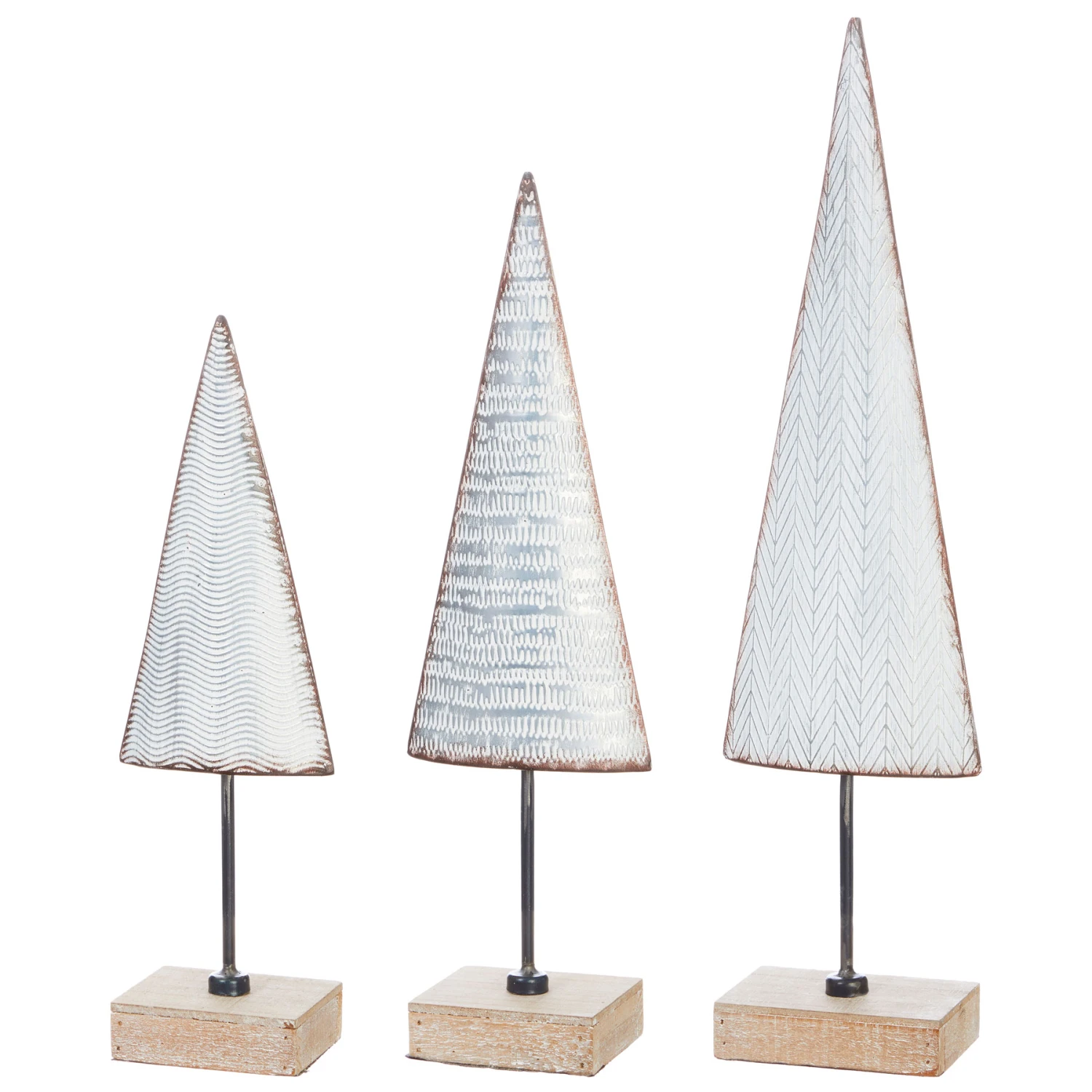 Galvanized Metal Holiday Trees On Wood Base - 15, 18, 21 Inch Set Of 3 4 Galvanized Metal Holiday Trees On Wood Base - 15, 18, 21 Inch Set Of 3 - Image 2