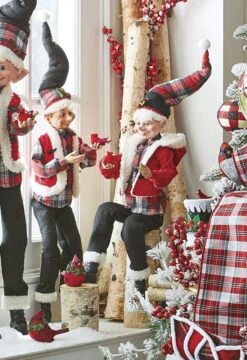 Set Of 2 Posable Christmas Elf Figures With Cardinals In Plaid 2 Assorted -Solar Christmas Holiday Shop 4002220 2