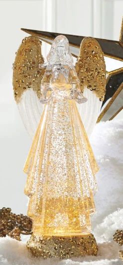 13 Inch Lighted Angel With Gold Swirling Glitter Water Lantern - Timer