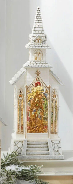 Solar Christmas Holiday Shop 30 Lighted Water Lantern Stained Glass Church With Holy Family - USB Cord Included