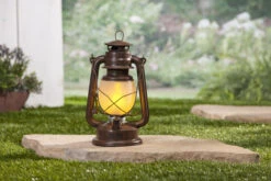 11 Inch FireGlow LED Hurricane Lantern - Rustic Brown -Solar Christmas Holiday Shop 44140 glam shot