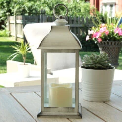 Battery Operated Brushed White Candle Lantern - 12 Inch