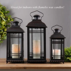 Set Of 3 Rubbed Oil Bronze Candle Lanterns - 14 - 17 - 20 Inch -Solar Christmas Holiday Shop 57349 indoors