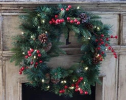 24 Inch Battery Operated Decorative Wreath - 30 LED's - Pine Cones And Red Berries -Solar Christmas Holiday Shop 75720 front image