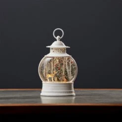 Deer With Forest Animals Snow Globe In White Water Lantern -Solar Christmas Holiday Shop 80789 10201