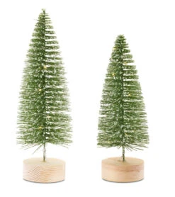 Lighted Bottle Brush Trees Battery Operated - Set Of 2 Green With Timer 10.75 Inch -Solar Christmas Holiday Shop 81443
