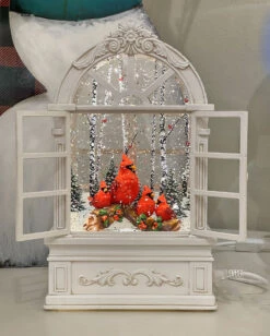 Cardinals In Arched Lighted Water Lantern With Open Shutters - NEW 2023 - USB Included -Solar Christmas Holiday Shop 90356 cardinals in windowpa