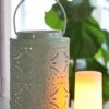 Rechargeable Lantern With Fire Glow Light Unit 12 Inch Green Enamel -Solar Christmas Holiday Shop Green 1 fireglow