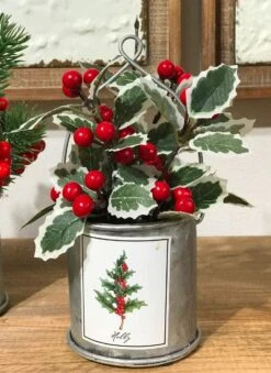 Winterberry, Pine, Holly And Mistletoe Assorted 4 In Galvanized Decorative Buckets 9 Winterberry, Pine, Holly And Mistletoe Assorted 4 In Galvanized Decorative Buckets -Solar Christmas Holiday Shop Holly