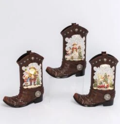 Cowboy Boot Lighted Water Lantern With A Western Snowman In Swirling Glitter -Solar Christmas Holiday Shop boots 3