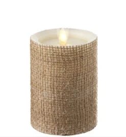 Moving Flame Burlap Wrapped Flameless Candle 3.5 X 5 Timer - Remote Ready