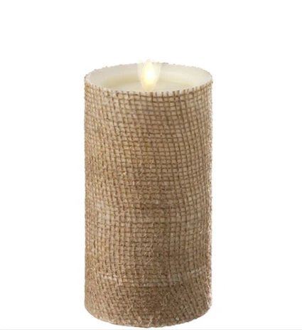 Moving Flame Burlap Wrapped Flameless Candle 3.5 X 7 Timer - Remote Ready 3 Moving Flame Burlap Wrapped Flameless Candle 3.5 X 7 Timer - Remote Ready