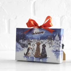 6 Inch Tabletop LED Lighted Print On Canvas - Dogs Watching Santa With Stand