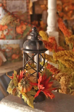 Solar Christmas Holiday Shop 16 12 Inch Lighted Harvest Lantern With LED Candle And Floral Accents - Timer