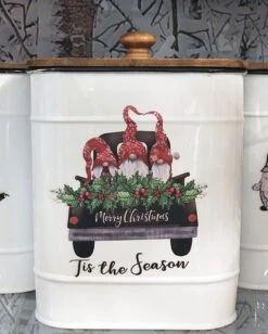 Gnome Design Canisters Metal With Wood Lids Set Of 4 Assorted -Solar Christmas Holiday Shop gnome 2