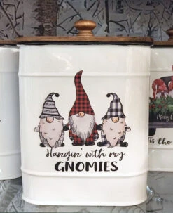 Gnome Design Canisters Metal With Wood Lids Set Of 4 Assorted -Solar Christmas Holiday Shop gnome 3