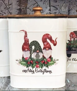 Gnome Design Canisters Metal With Wood Lids Set Of 4 Assorted -Solar Christmas Holiday Shop gnome 4