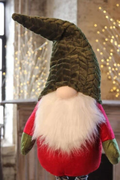 Holiday Gnome With Extendable Legs - Green Hat, Striped Legs - 46 Inch -Solar Christmas Holiday Shop gnome green hat side