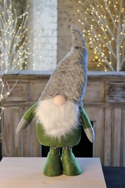 Holiday Gnome With Extendable Legs - Grey Hat, Striped Legs - 46 Inch -Solar Christmas Holiday Shop gnome grey hat shorty