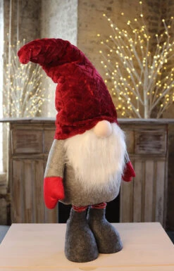 Holiday Gnome With Extendable Legs - Red Hat, Striped Legs - 46 Inch -Solar Christmas Holiday Shop gnome red hat side