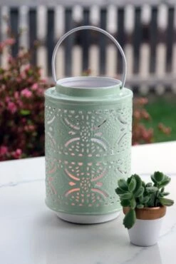 Rechargeable Lantern With Fire Glow Light Unit 12 Inch Green Enamel -Solar Christmas Holiday Shop green metal lantern 1